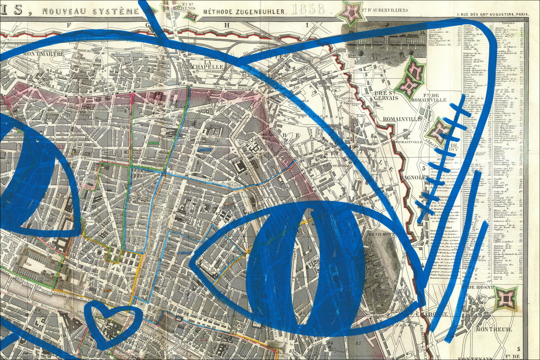 Mr. Chat, Paris Cat 1858, original drawing on an old map