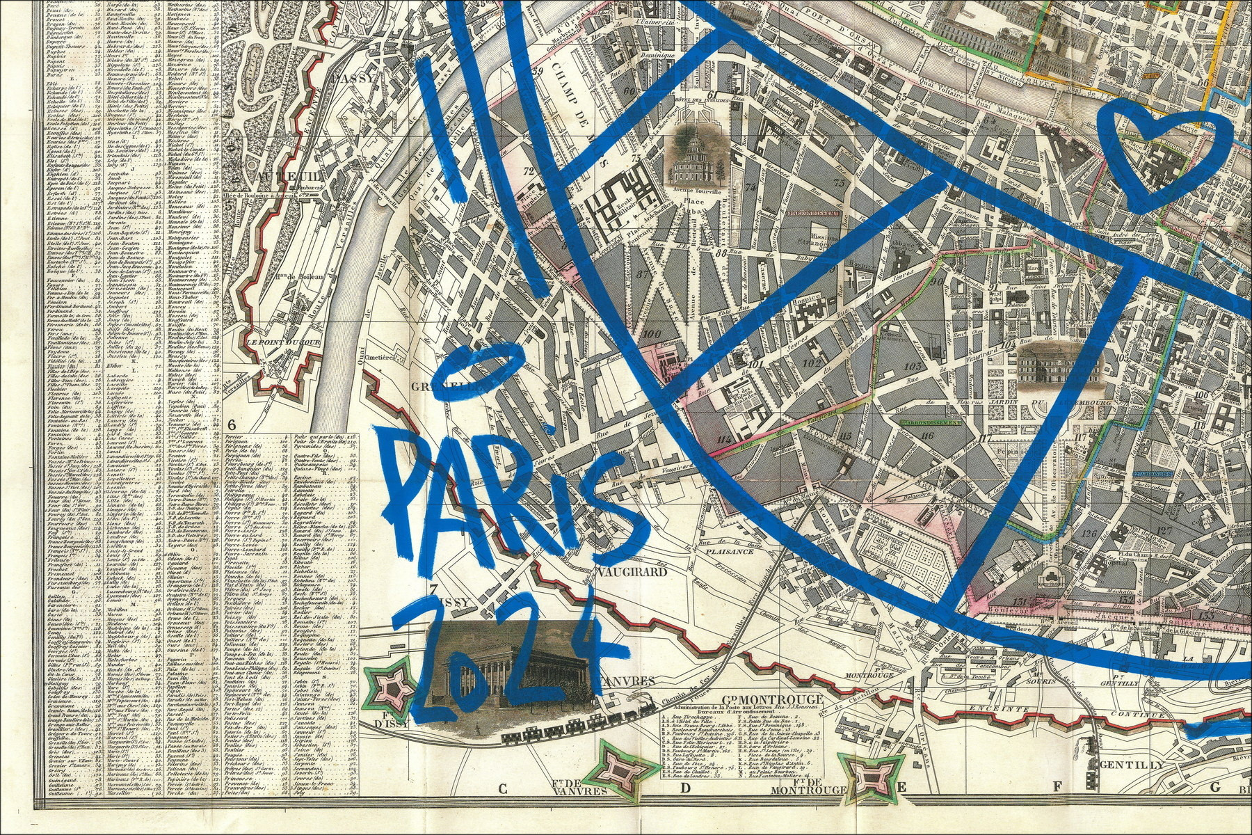 Herr Katze, Paris Cat 1858, Originalzeichnung auf altem Kartenmaterial