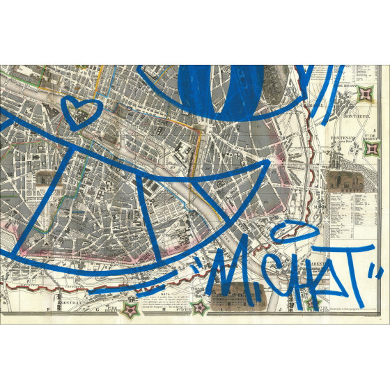M.Chat, Chat de Paris 1858, dessin original sur carte ancienne