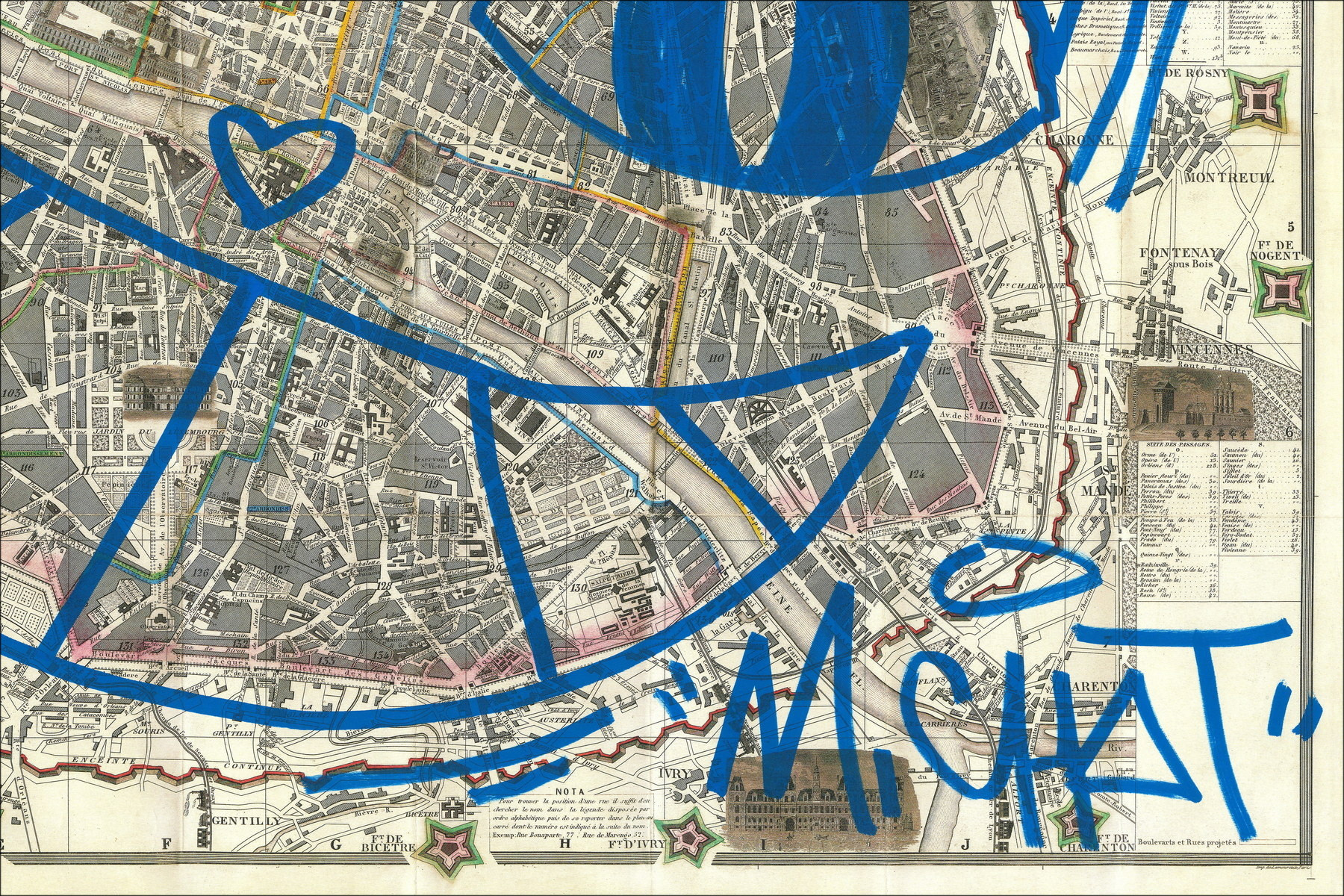 M.Chat, Chat de Paris 1858, dessin original sur carte ancienne
