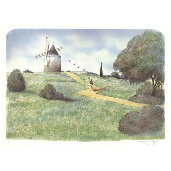 Rolf Rafflewski - Litografía original "The Alphonse Moulin Daudet, en Fontvieille" 54x75cm