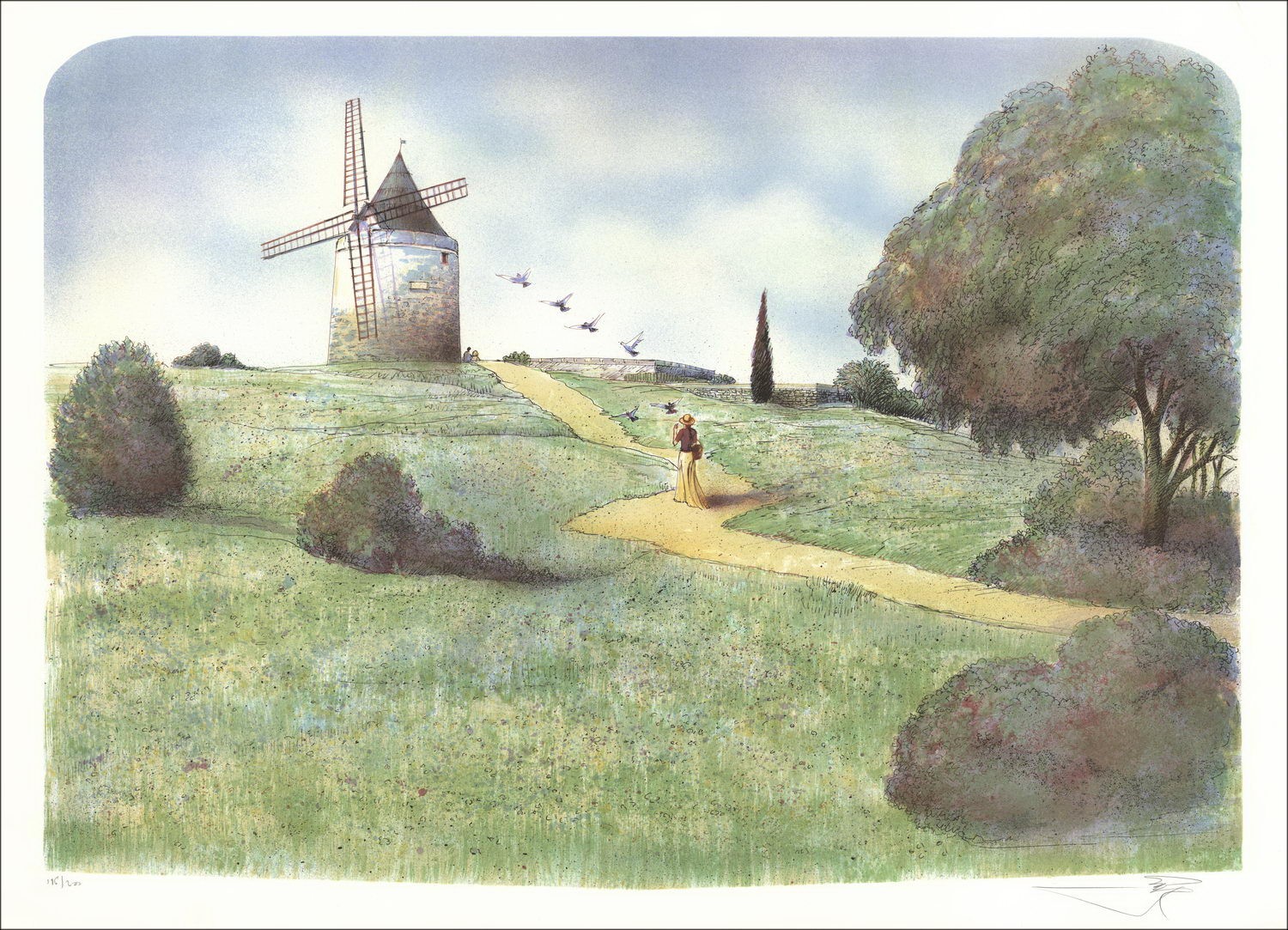 Rolf RAFFLEWSKI - Litografia originale "Il mulino di Alphonse Daudet a Fontvieille" 54x75cm