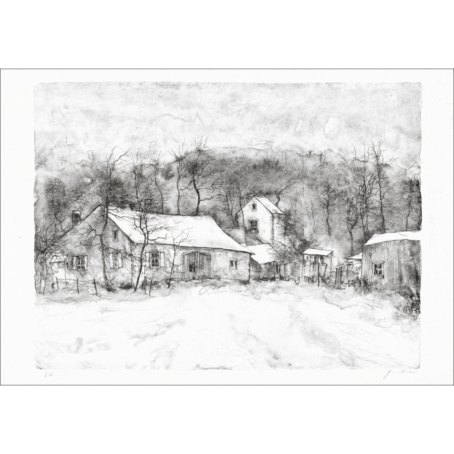 GANTNER Bernard - Litografía original "Casas nevadas"