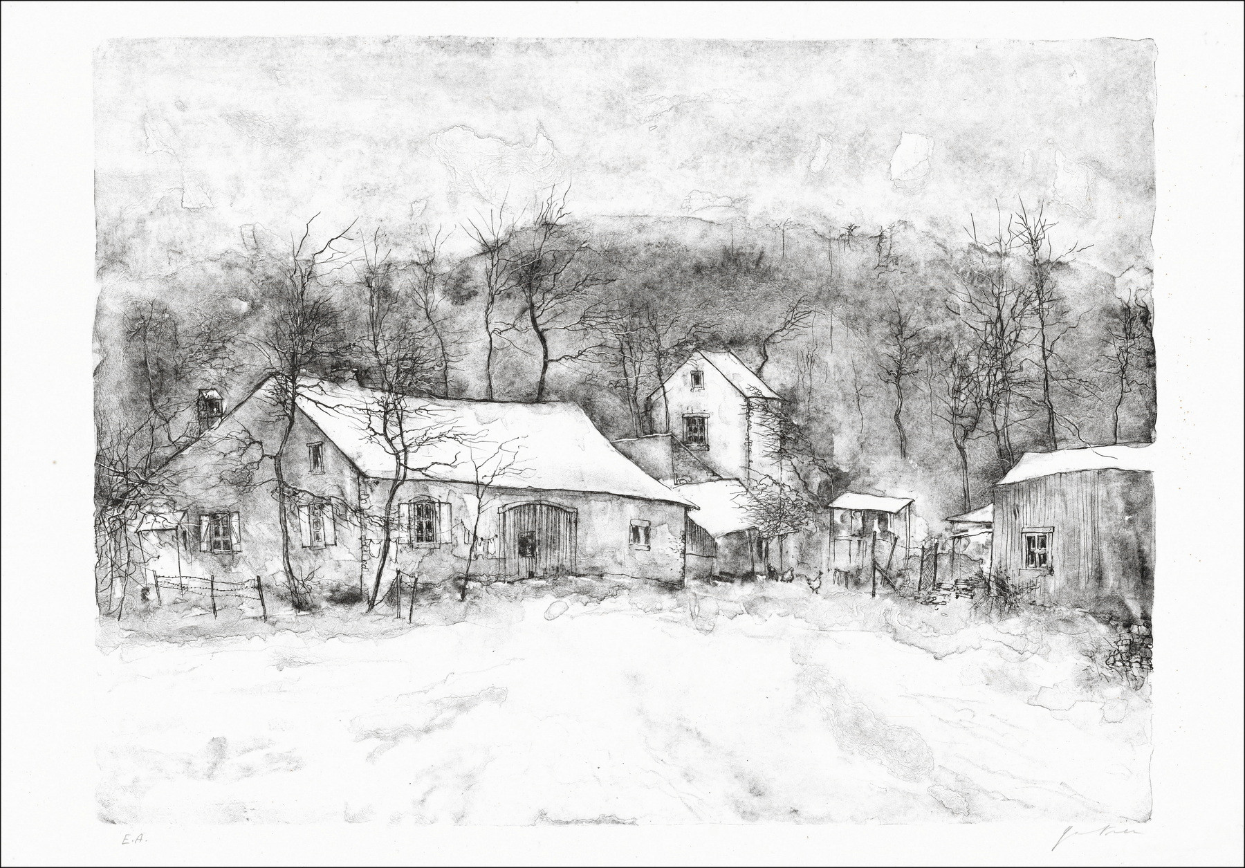 GANTNER Bernard - Original-Lithografie "Verschneite Häuser"