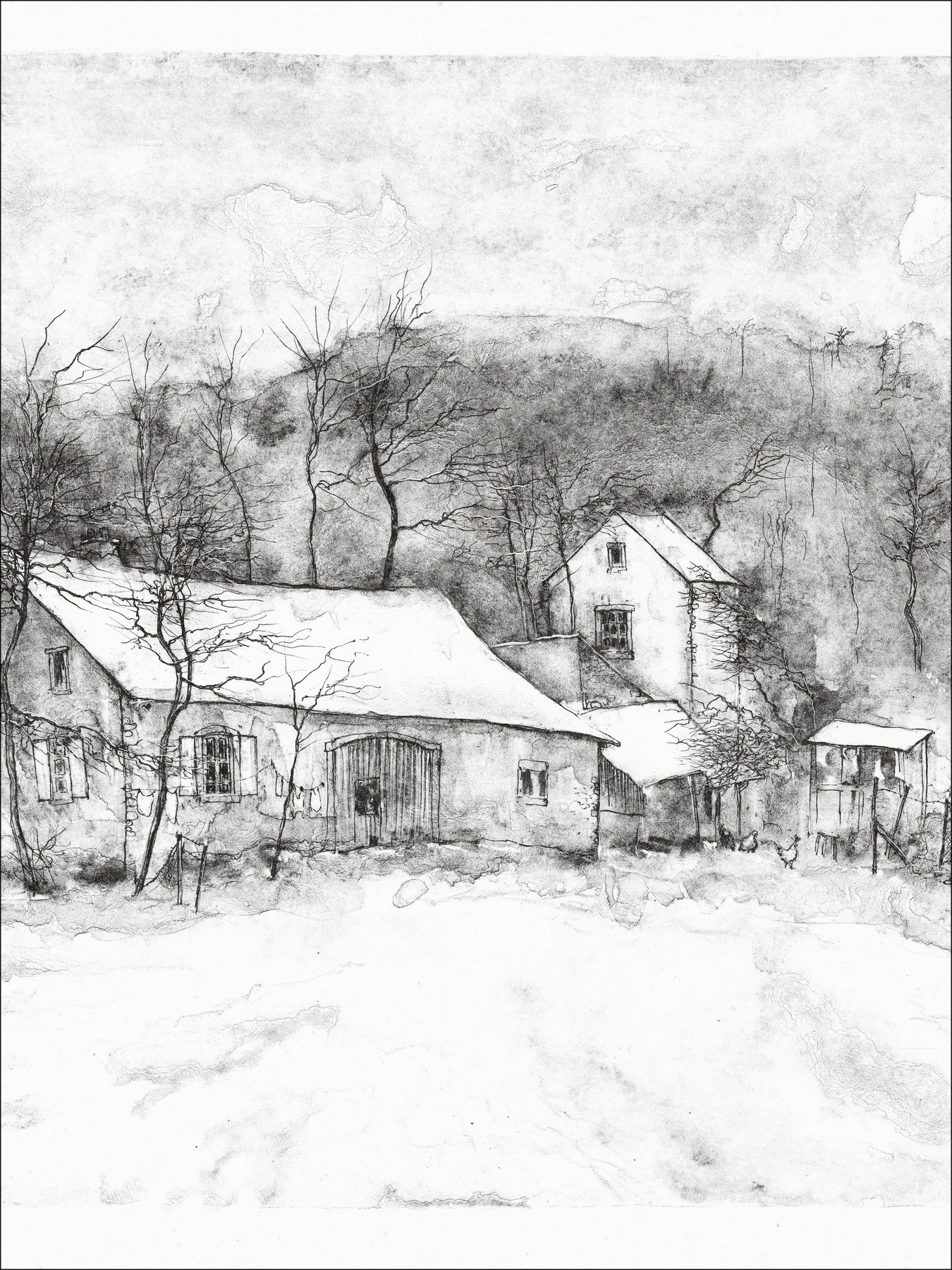 GANTNER Bernard - Lithographie originale "Maisons enneigés"
