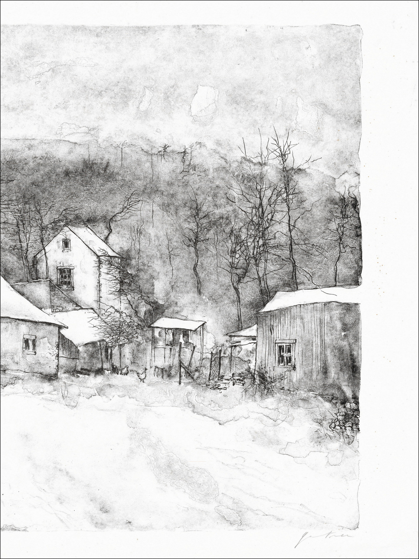 GANTNER Bernard - Litografia originale "Case innevate"
