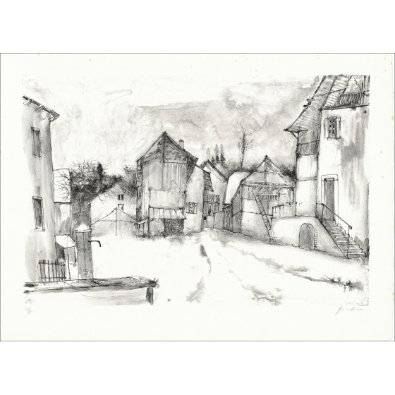 Bernard Gantner Das verschneite Dorf, signierte Original-Lithografie