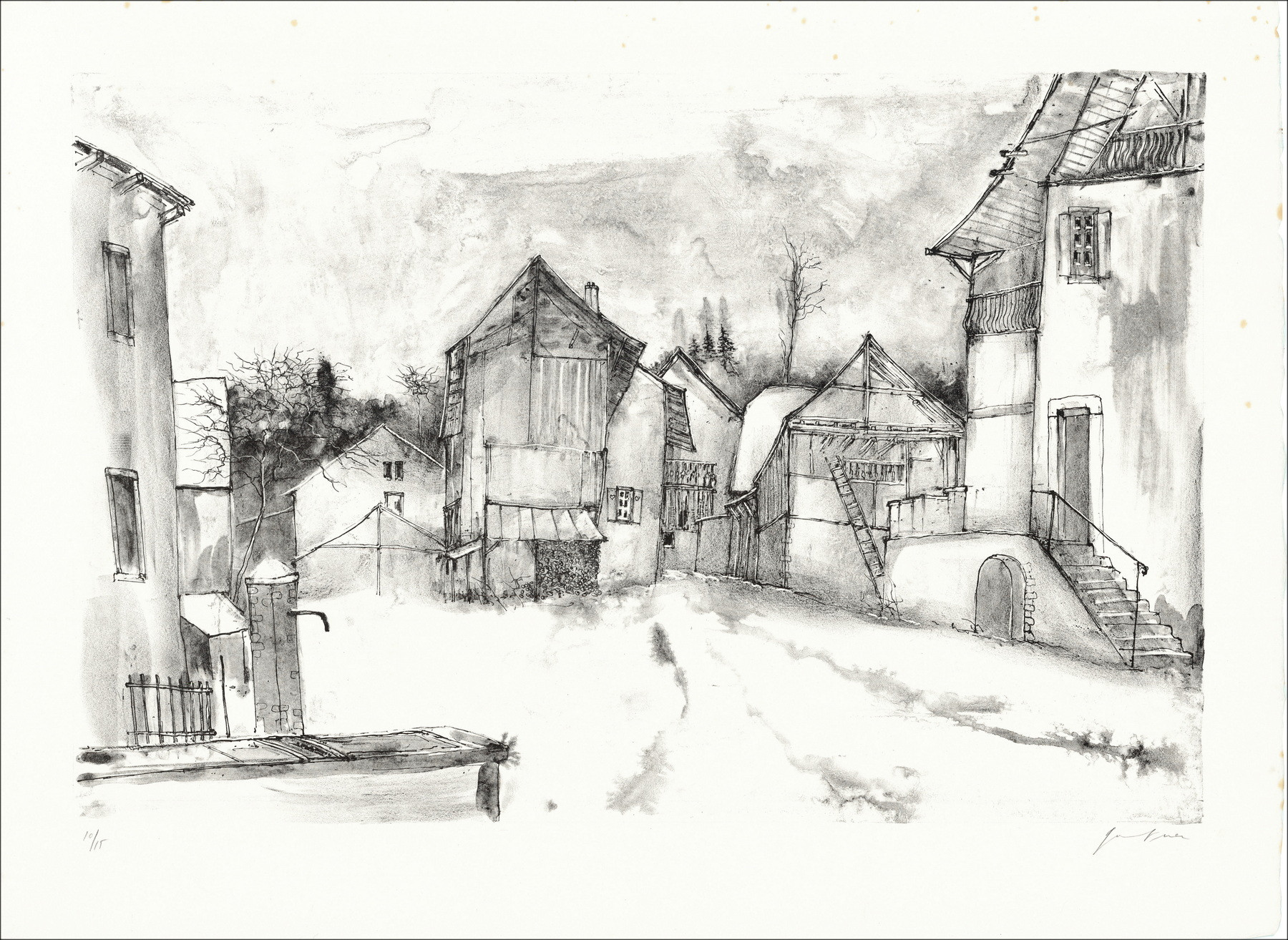 Bernard Gantner Le village enneigé, lithographie originale signée
