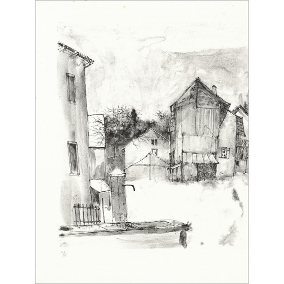 Bernard Gantner Il villaggio innevato, litografia originale firmata