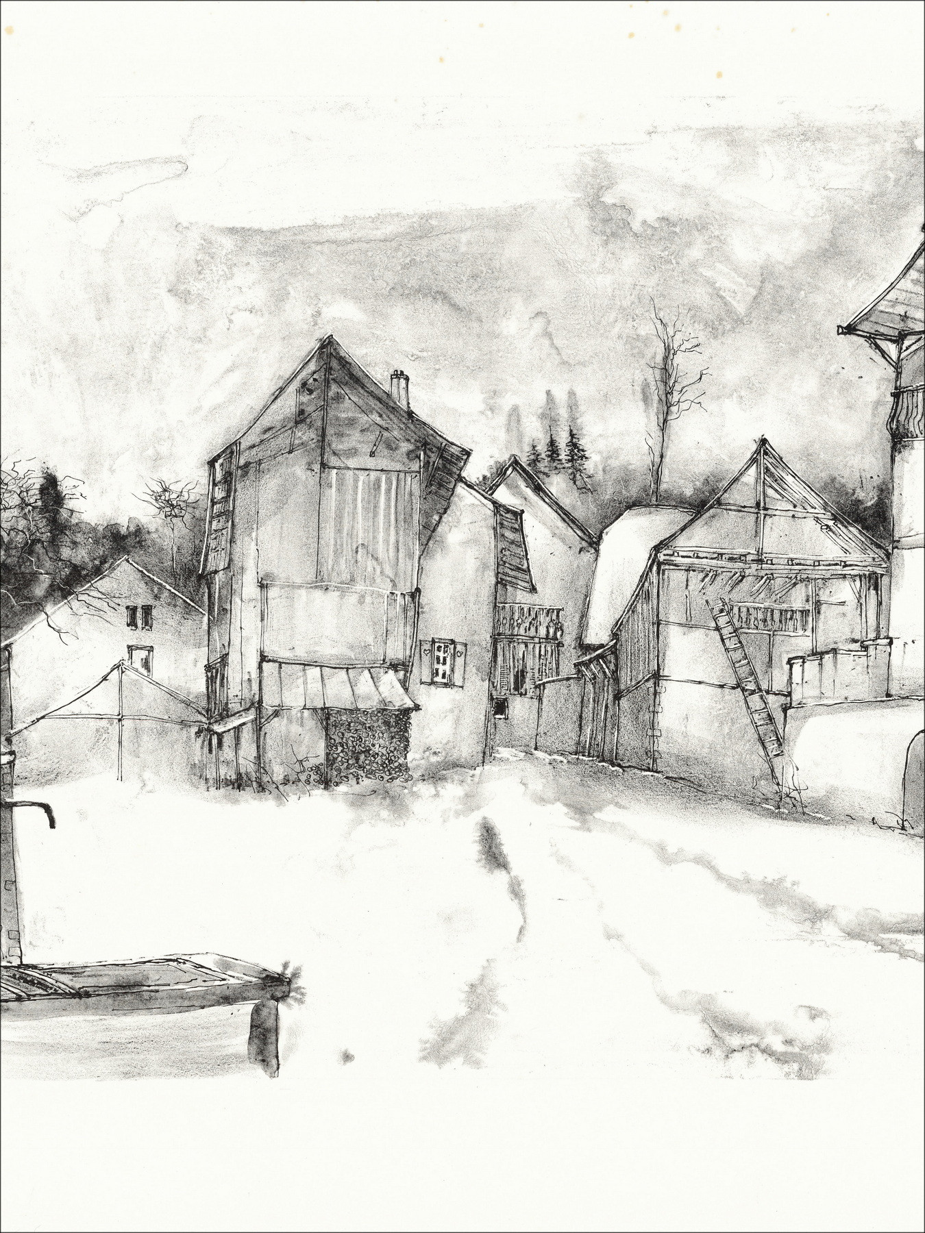 Bernard Gantner Das verschneite Dorf, signierte Original-Lithografie