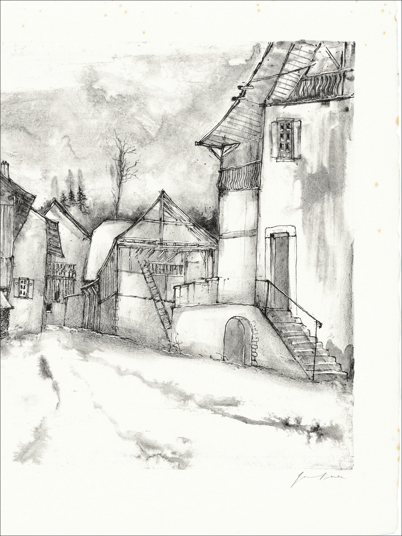 Bernard Gantner Il villaggio innevato, litografia originale firmata