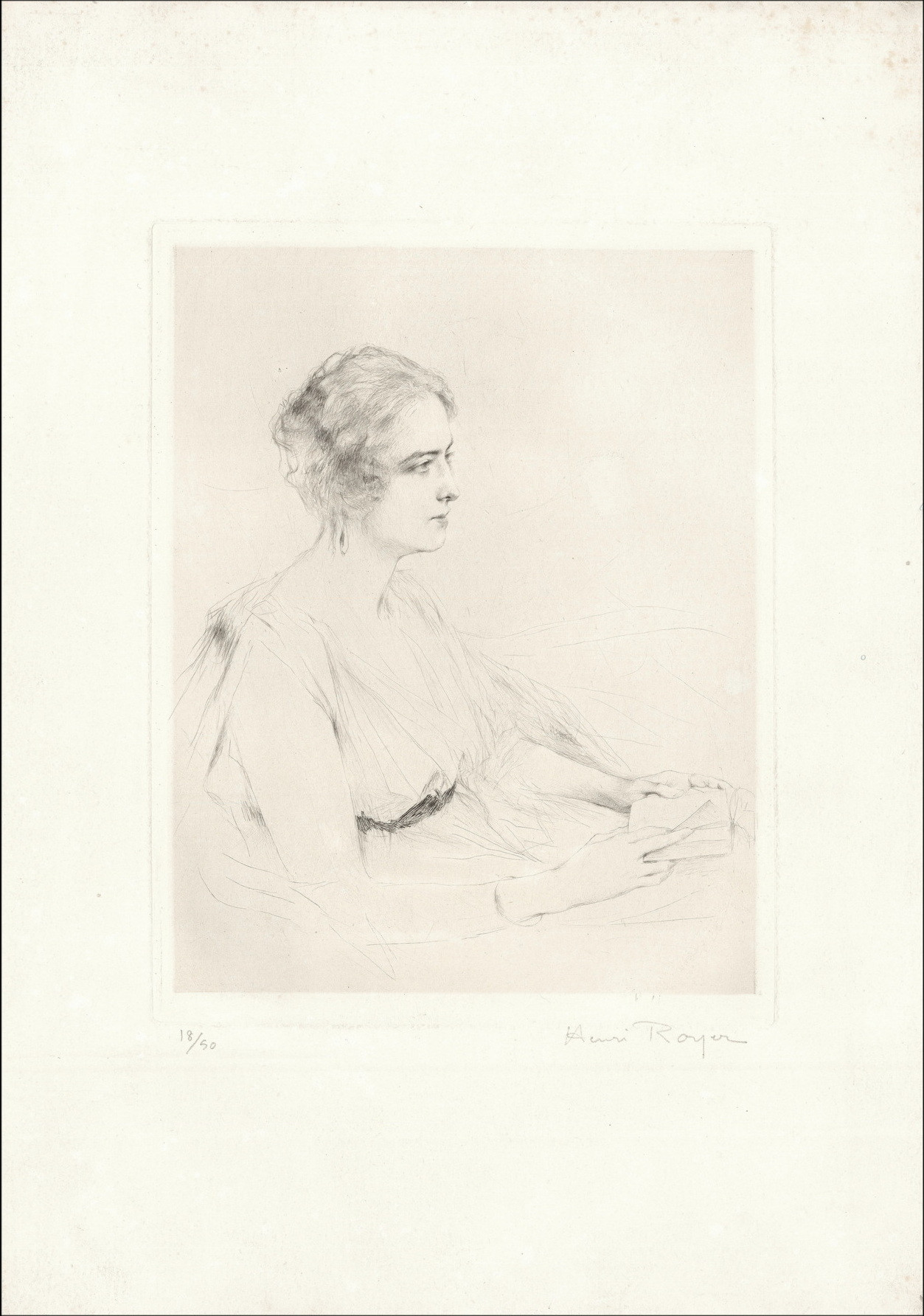 Henri-Paul Royer Woman reading, original signed engraving