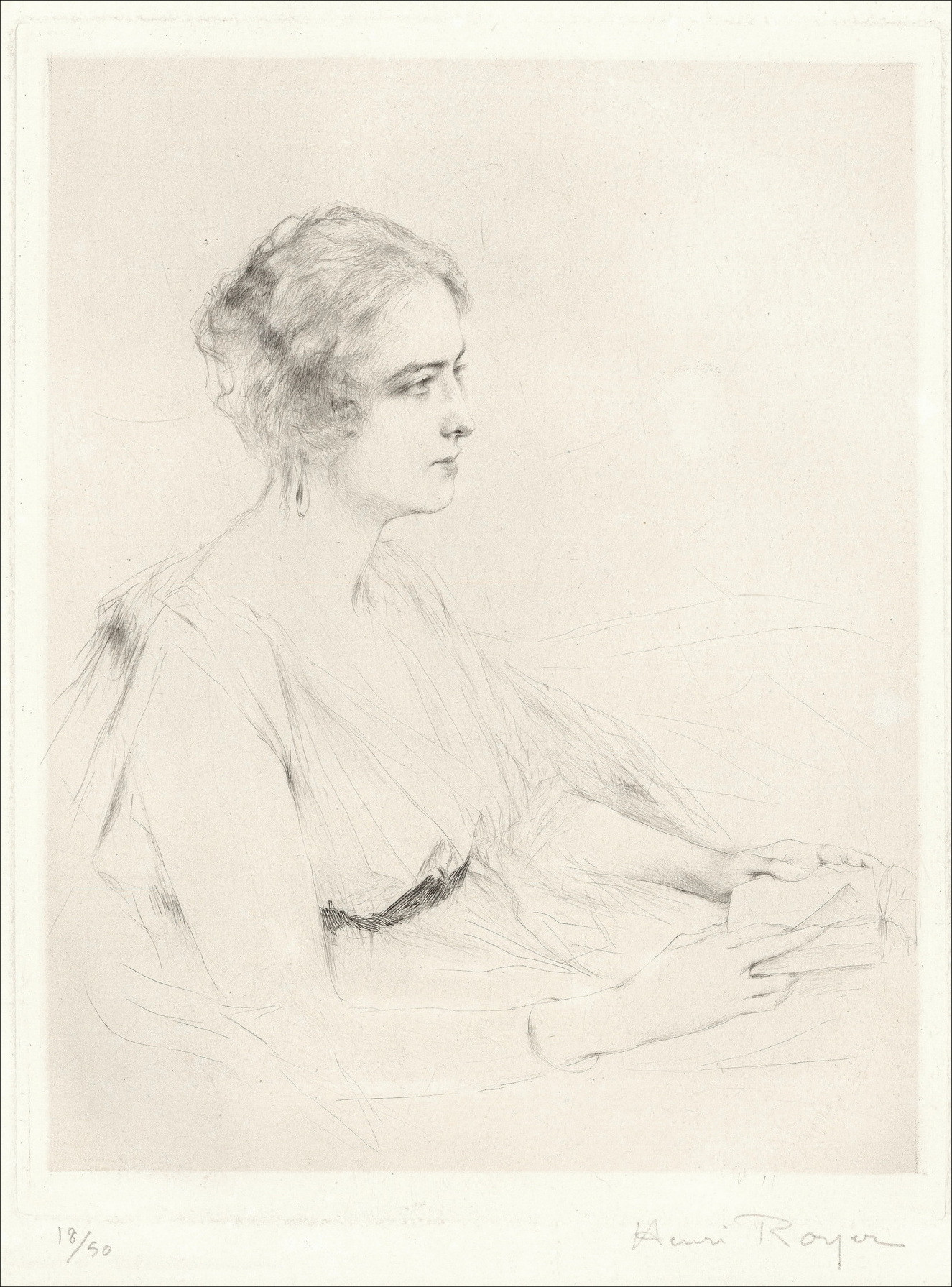 Henri-Paul Royer Woman reading, original signed engraving