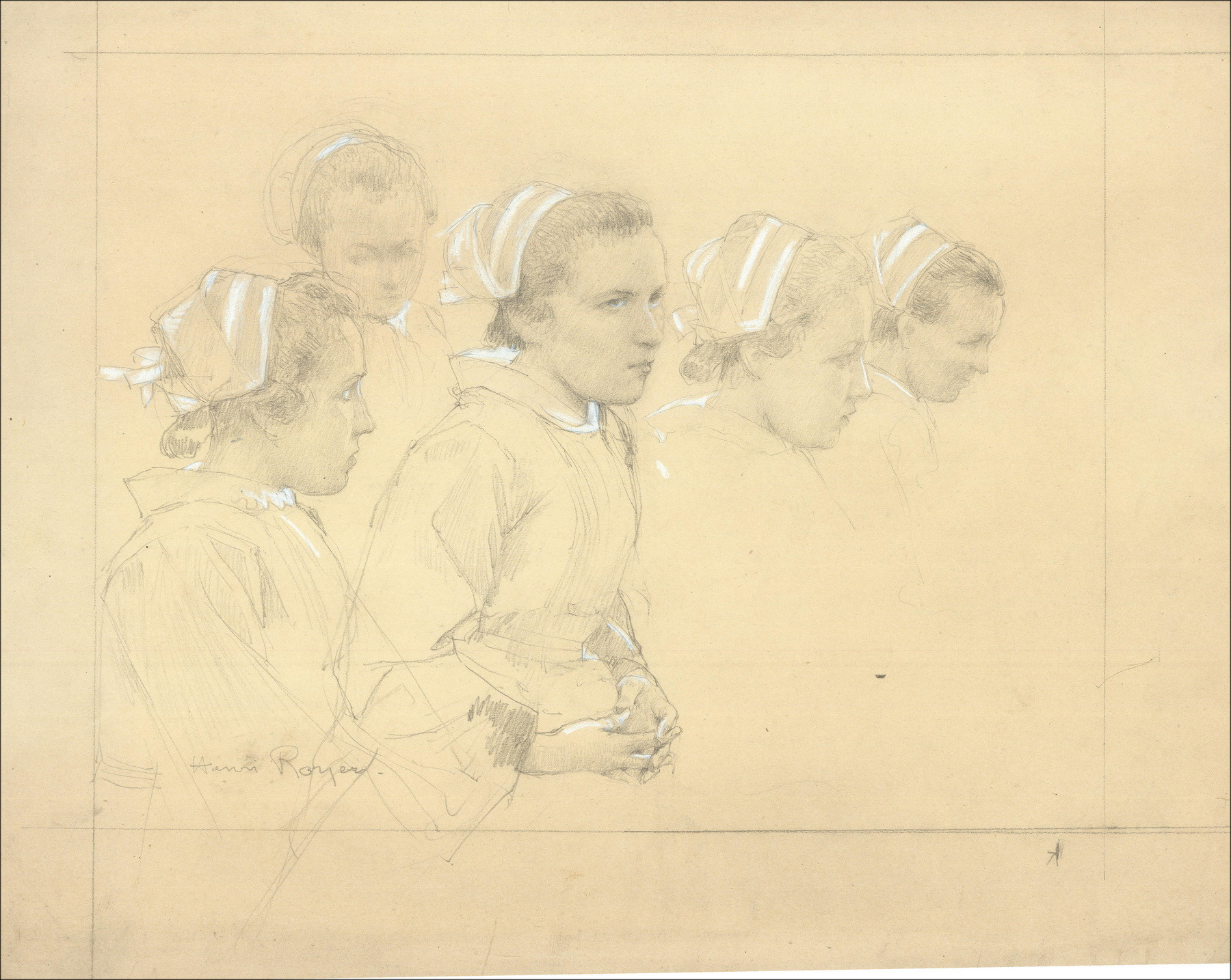 Henri-Paul Royer retratos de mujeres, dibujo original firmado
