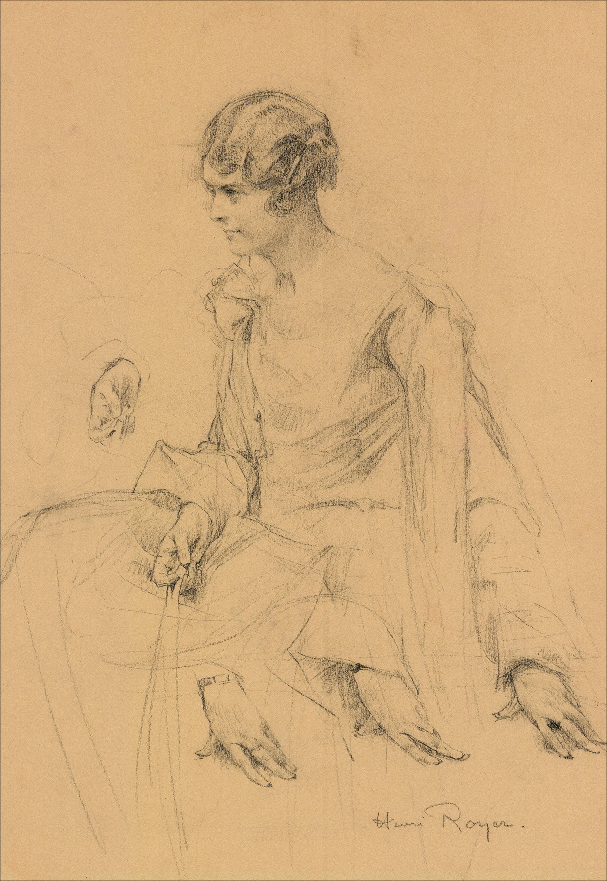 Henri-Paul Royer Donna e mani, disegno originale firmato