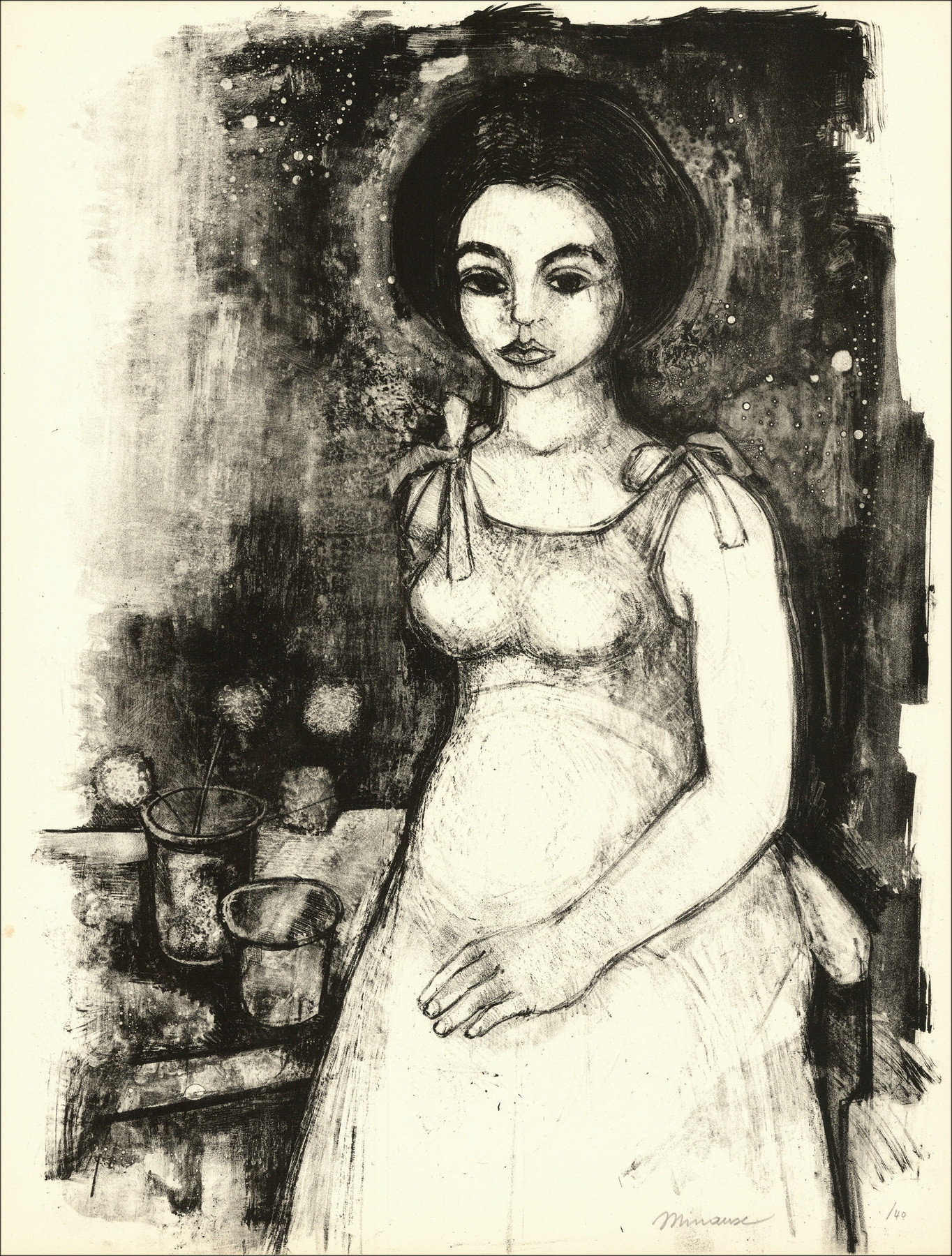 André Minaux Portret van een vrouw, originele gesigneerde lithografie