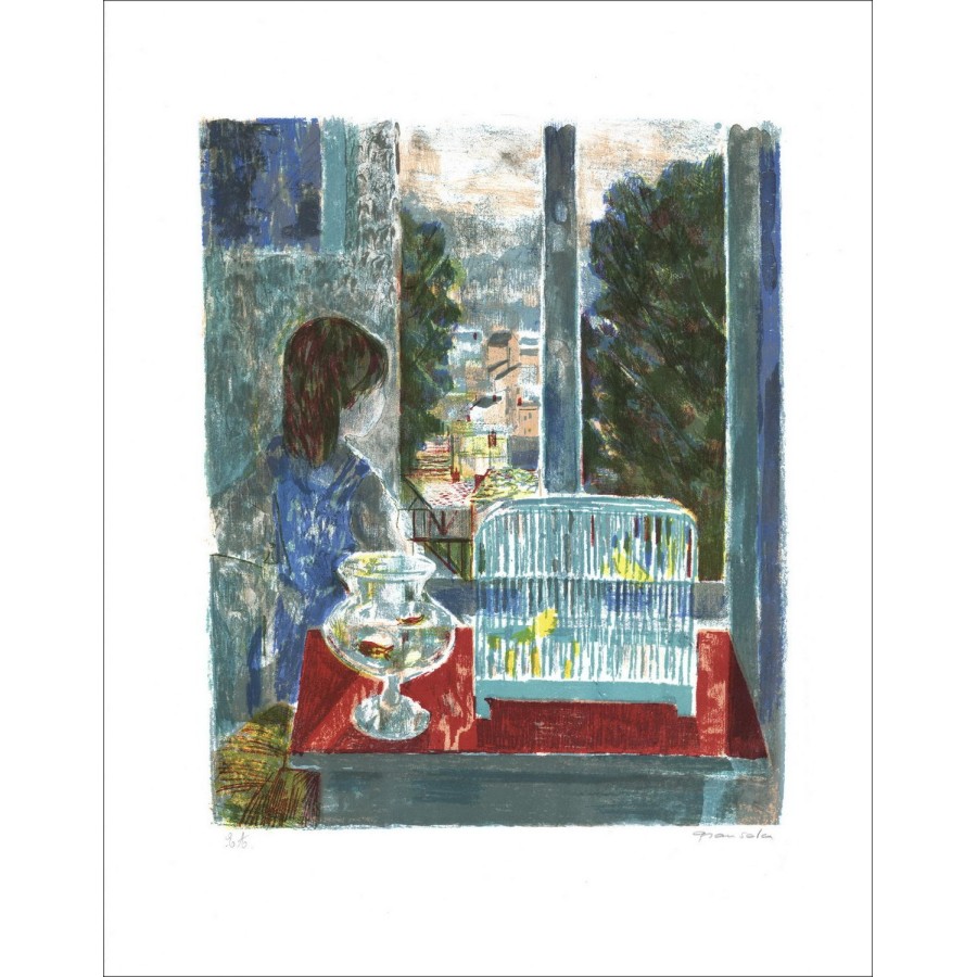 Emilio GRAU-SALA - Litografia originale "La gabbia degli uccelli" 66x50cm - Firmata a matita