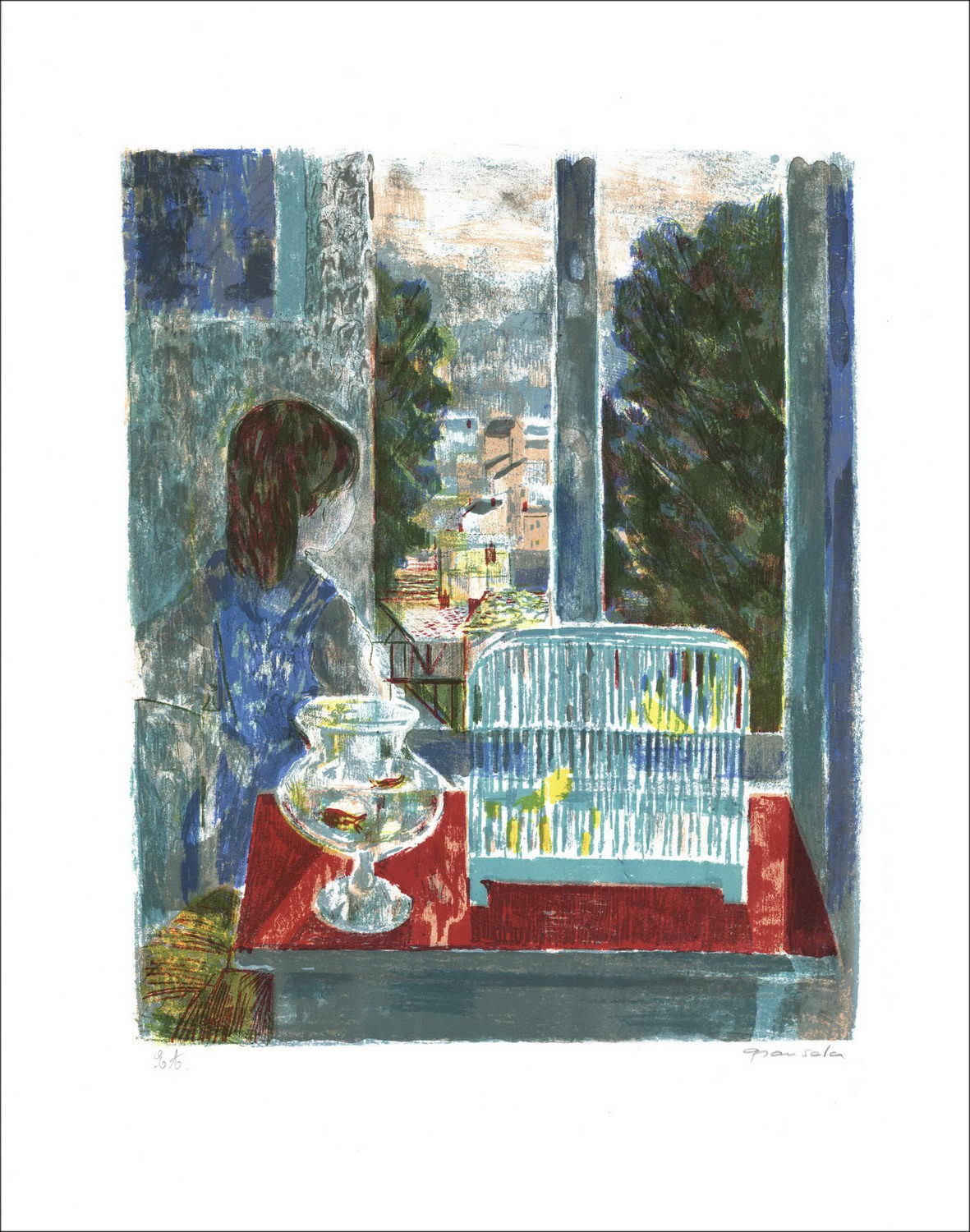 Emilio GRAU-SALA - Litografia originale "La gabbia degli uccelli" 66x50cm - Firmata a matita