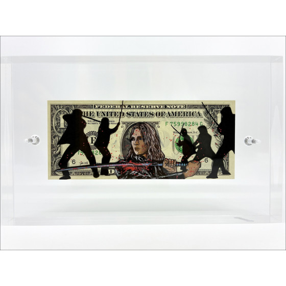 Pazblandina Kill Bill 2, opera originale firmata su un dollaro.