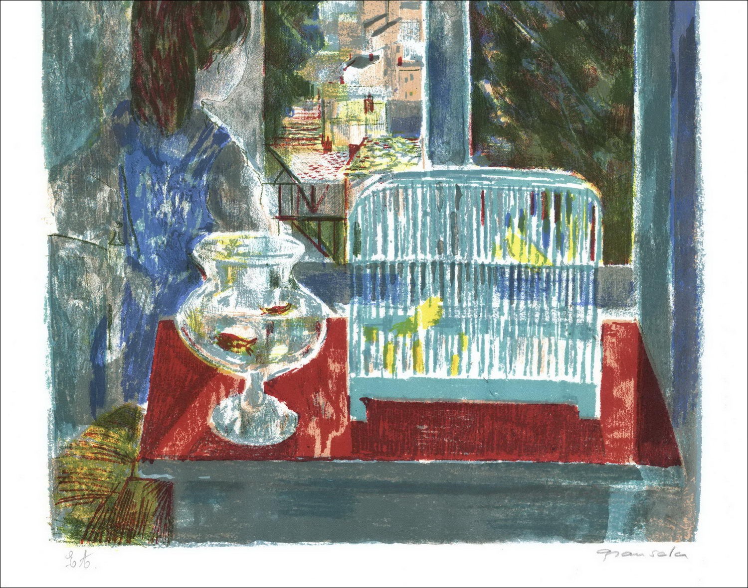 Emilio Grau-Sala - Litografía original "La jaula de pájaros" 66x50cm - firmado en lápiz