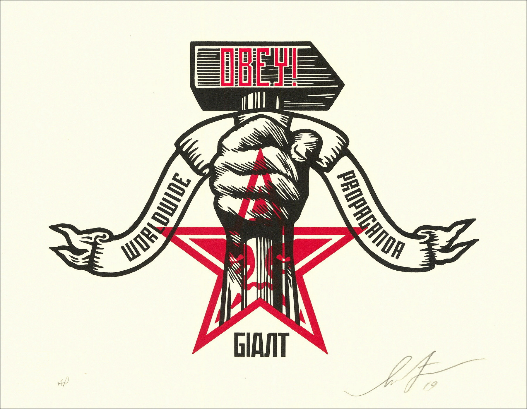 Shepard Fairey Hammer and Fist Letterpress 2019, AP firmata