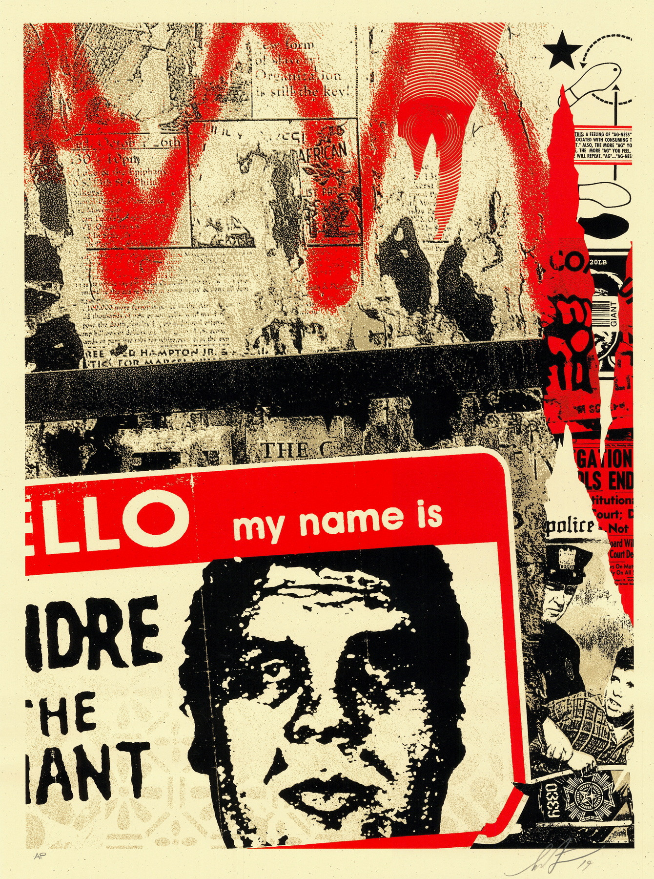 Shepard Fairey Hello My Name Is 2019, zeefdruk AP ondertekend