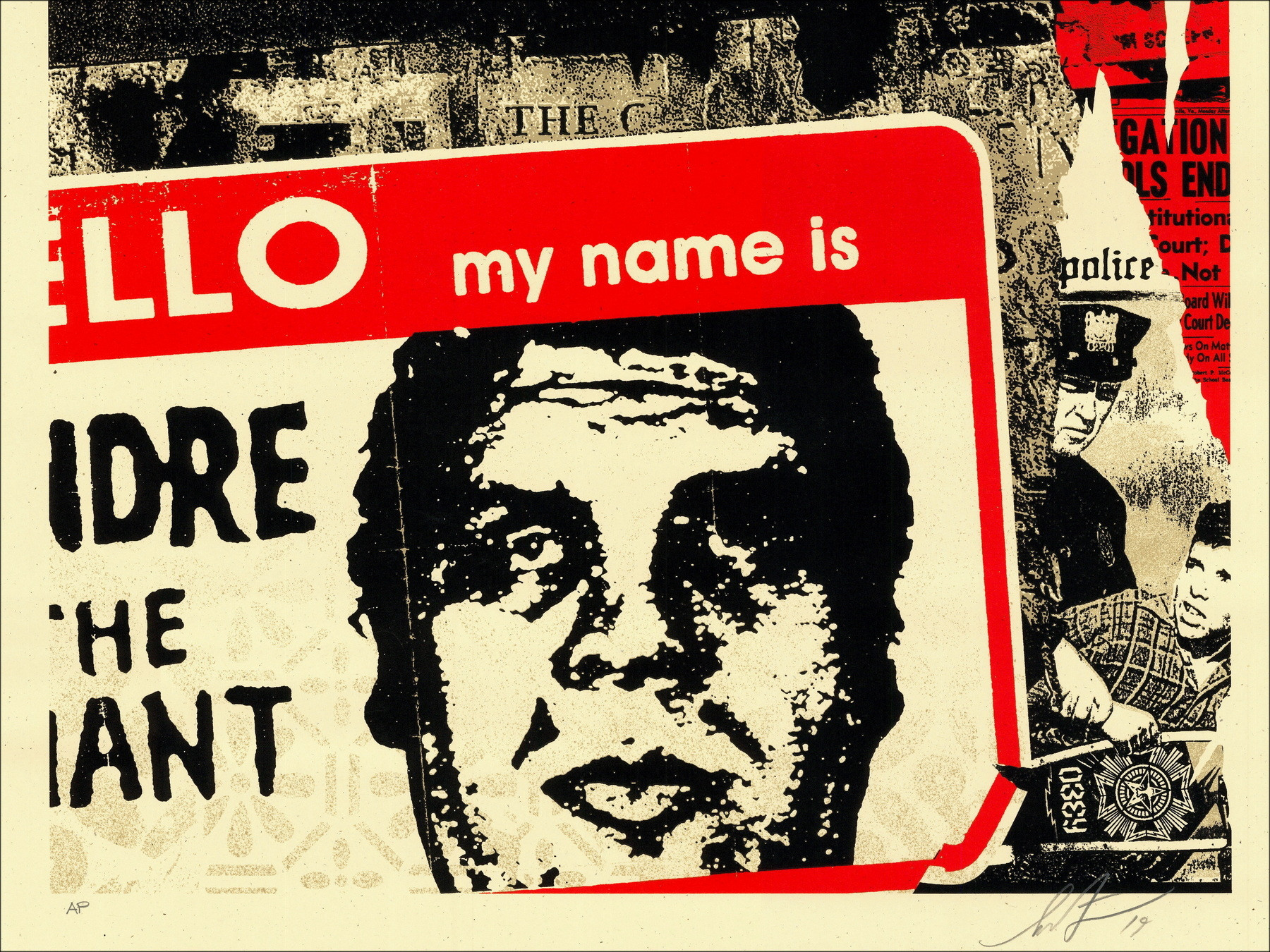 Shepard Fairey Hello My Name Is 2019, zeefdruk AP ondertekend