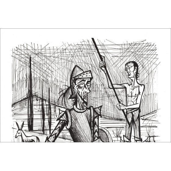 kopie van BUFFET Bernard - Originele lithografie "Don Quichotte ontmoet de muilezeldrijvers" Z/W - 76x58cm - 1989