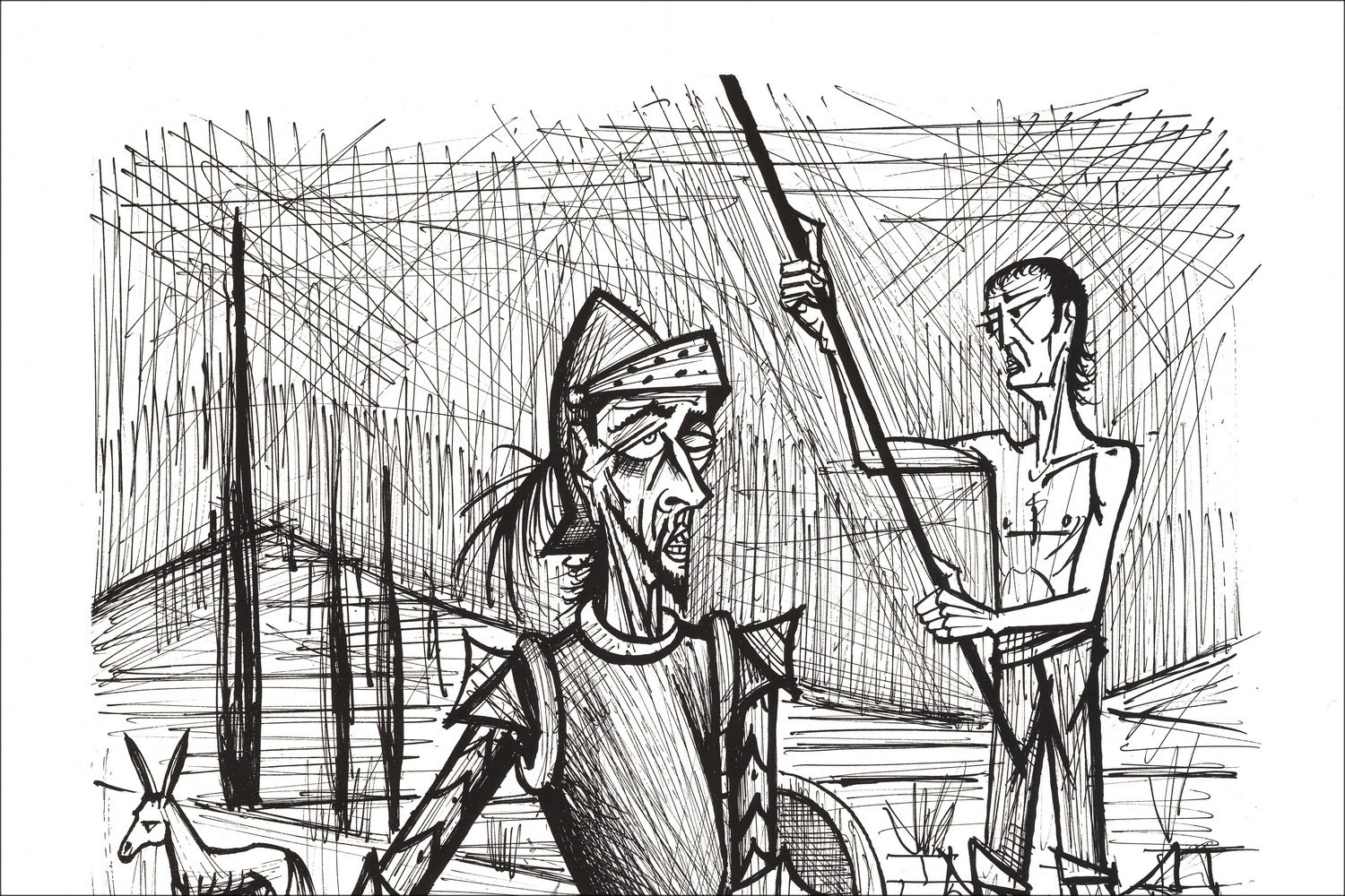 copy of BUFFET Bernard - Original lithograph "Don Quixote meeting the muleteers" B/W - 76x58cm - 1989