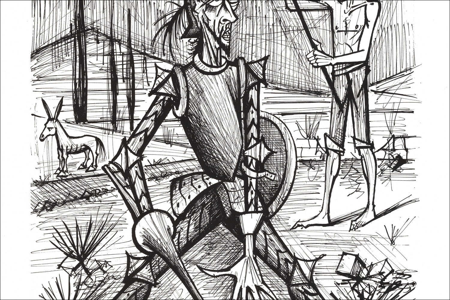 copia de BUFFET Bernard - Litografía original "Don Quijote el encuentro con los arrieros" B/N - 76x58cm - 1989