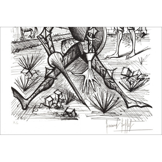 copy of BUFFET Bernard - Original lithograph "Don Quixote meeting the muleteers" B/W - 76x58cm - 1989
