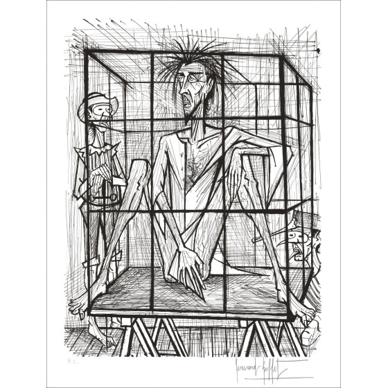 copia di BUFFET Bernard - Litografia originale "Don Chisciotte in gabbia" B/N - 76x58cm - 1989
