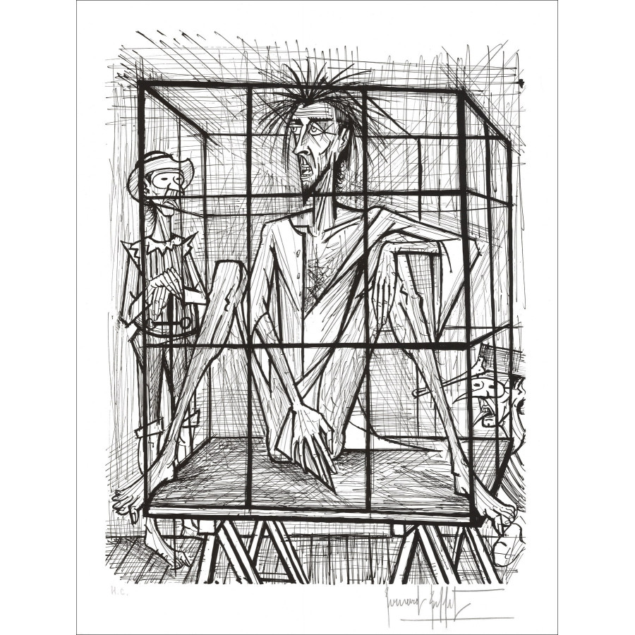 kopie van BUFFET Bernard - Originele lithografie "Don Quichotte in kooi" Z/W - 76x58cm - 1989