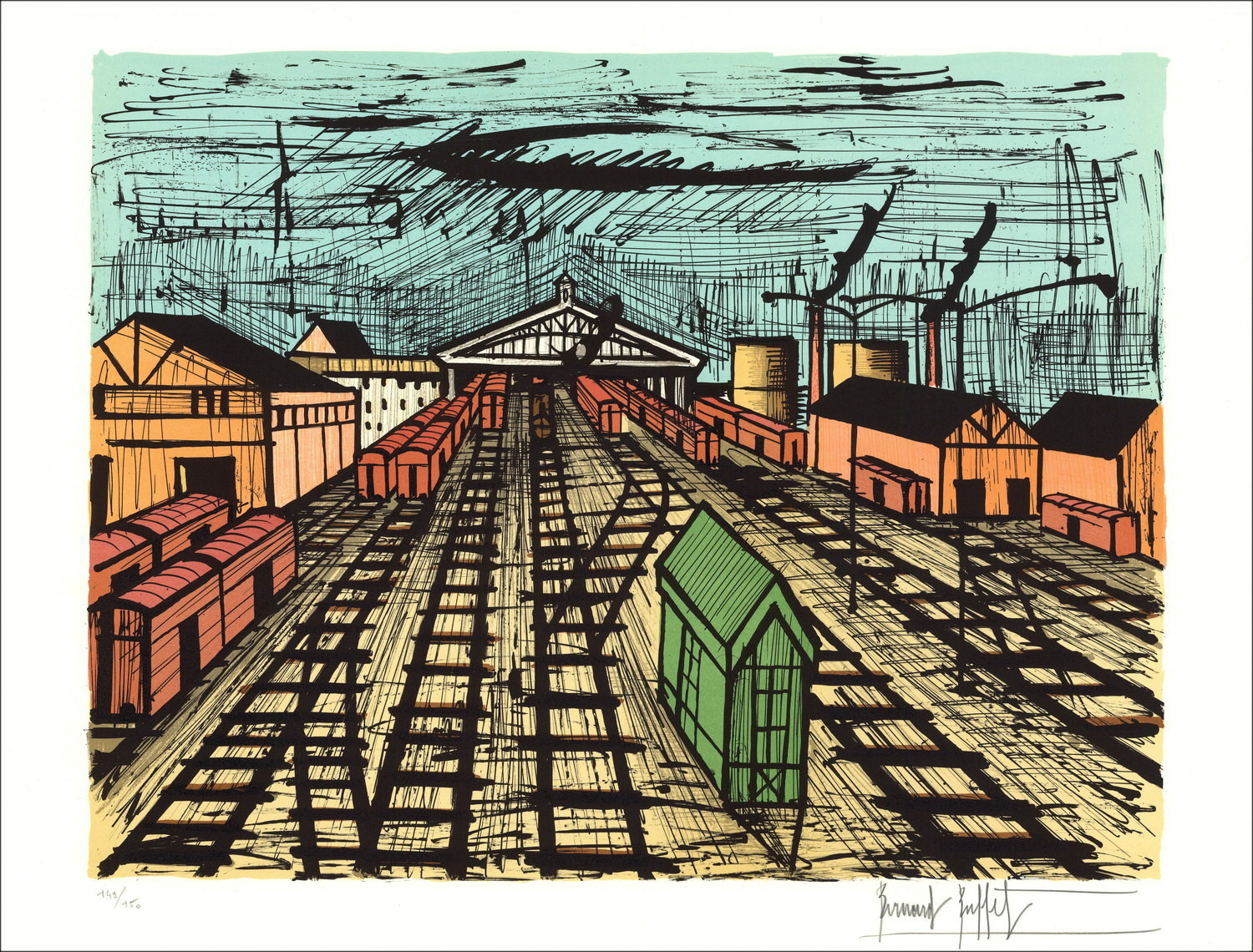 Bernard Buffet Der Bahnhof 1984, Original signierte Lithographie