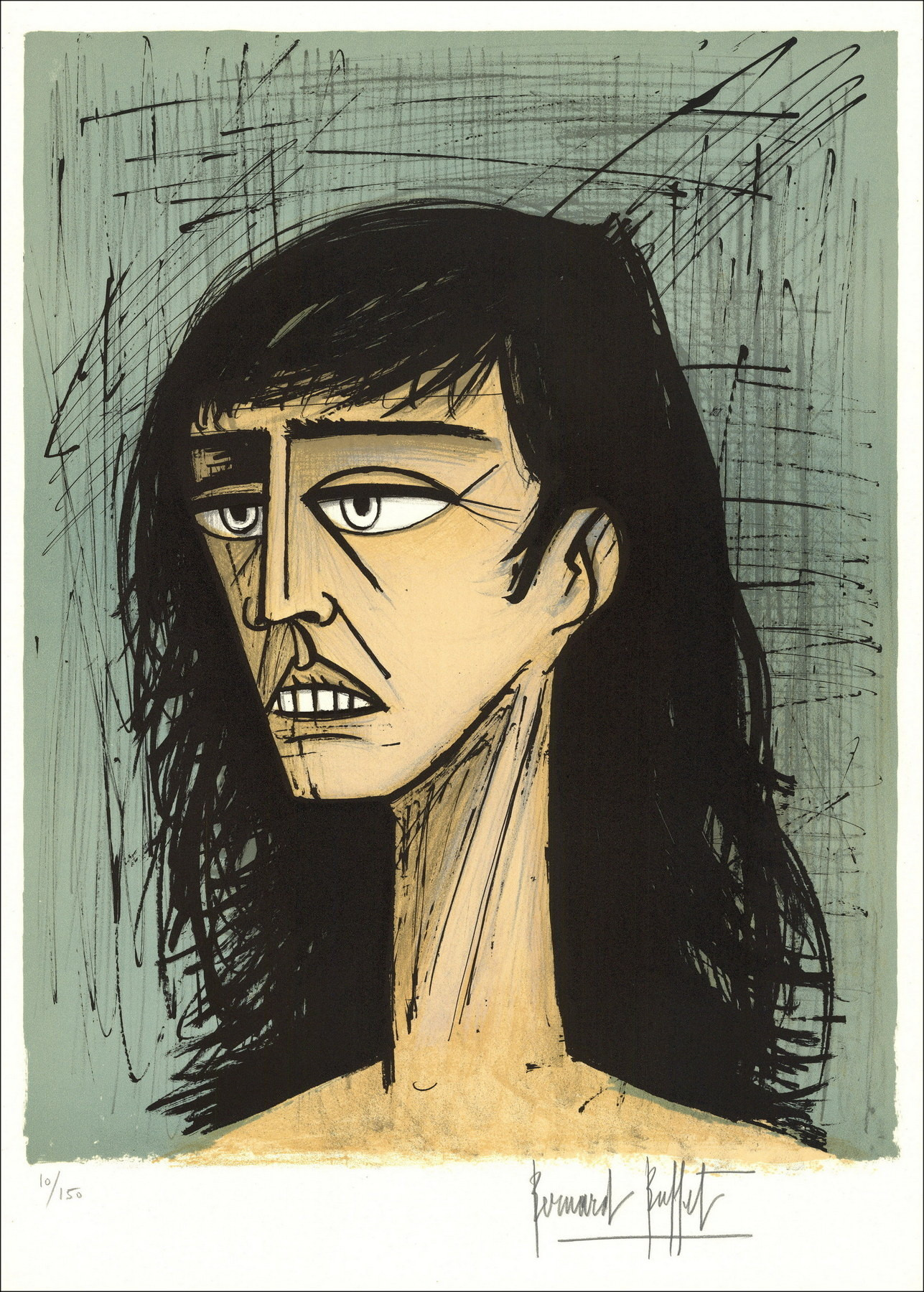 Bernard Buffet, Cabeza de mujer (1980), litografía original firmada