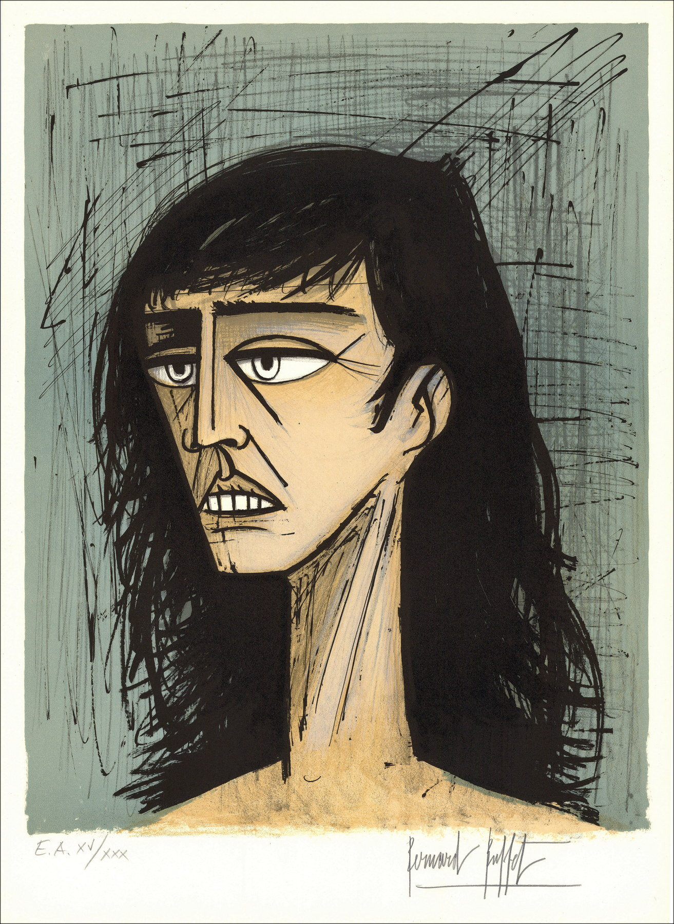 Bernard Buffet, Head of a Woman (1980), original signed lithograph