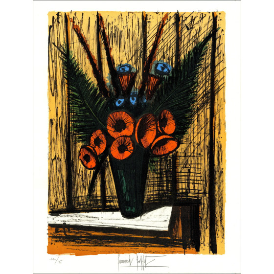Bernard Buffet, Soucis dans un vase 1981, lithographie originale