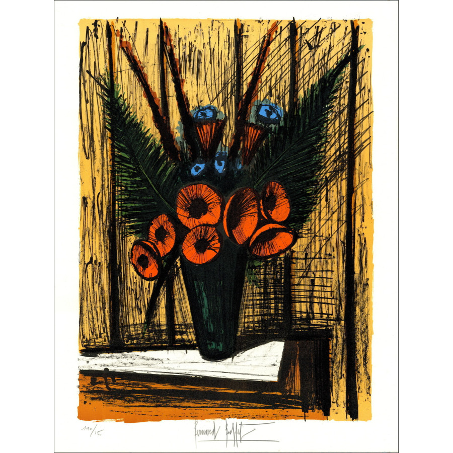 Bernard Buffet, Soucis dans un vase 1981, lithographie originale