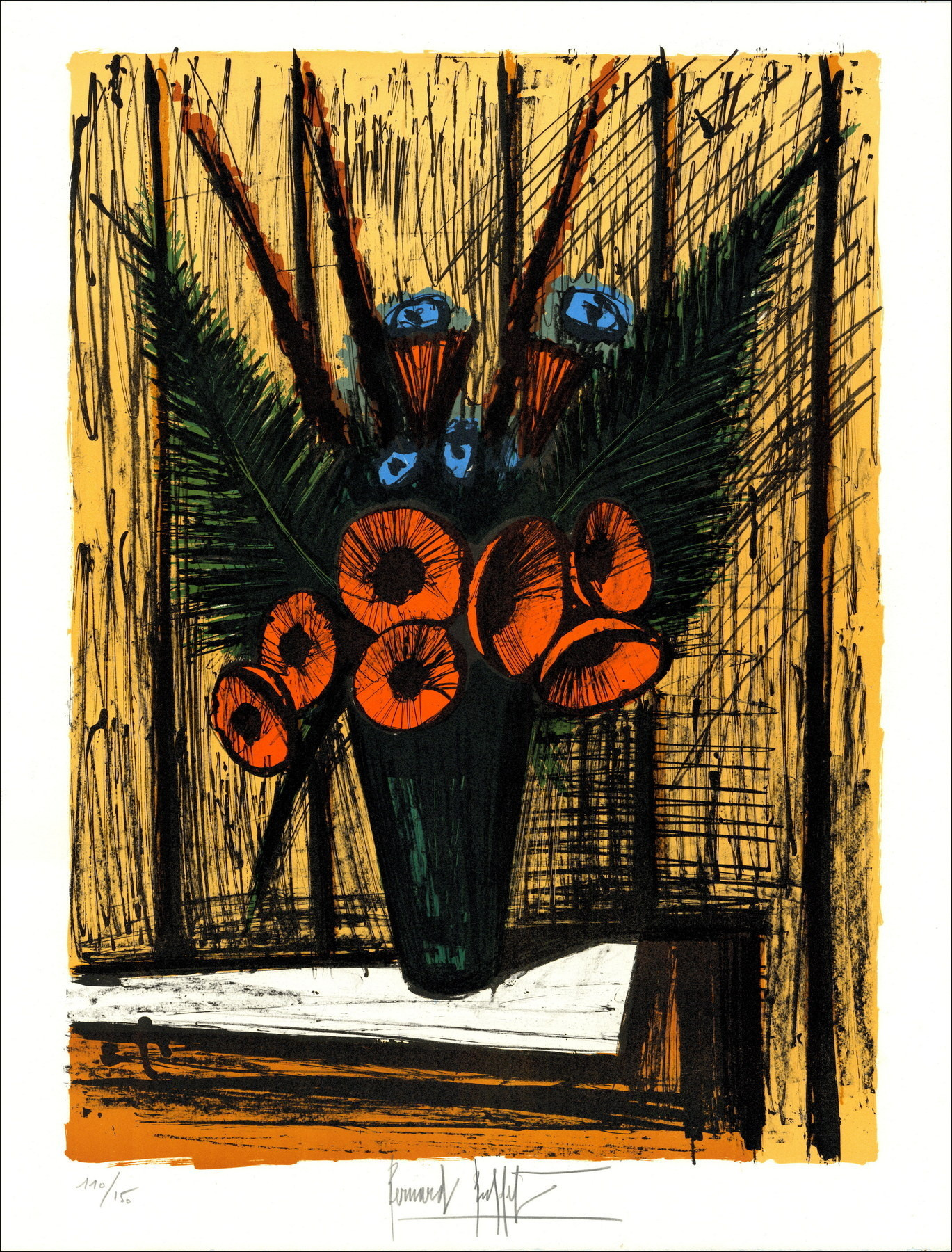 Bernard Buffet, Soucis dans un vase 1981, lithographie originale