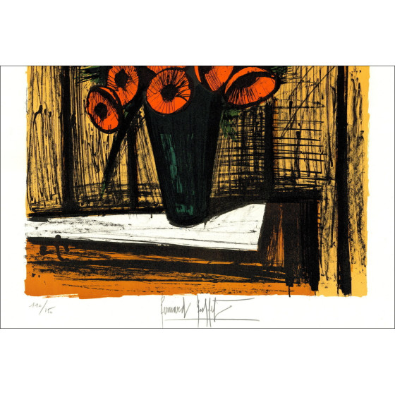 Bernard Buffet, Soucis dans un vase 1981, lithographie originale