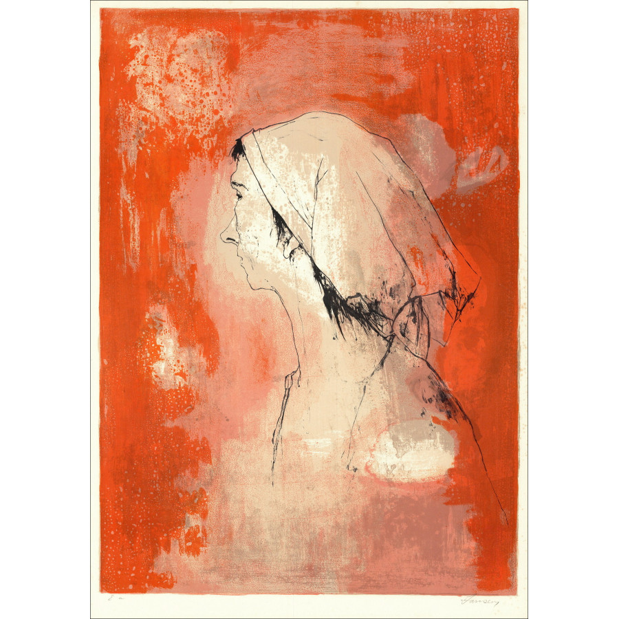 Jean Jansem, Mujer de perfil rojo (1975) | Litografía original