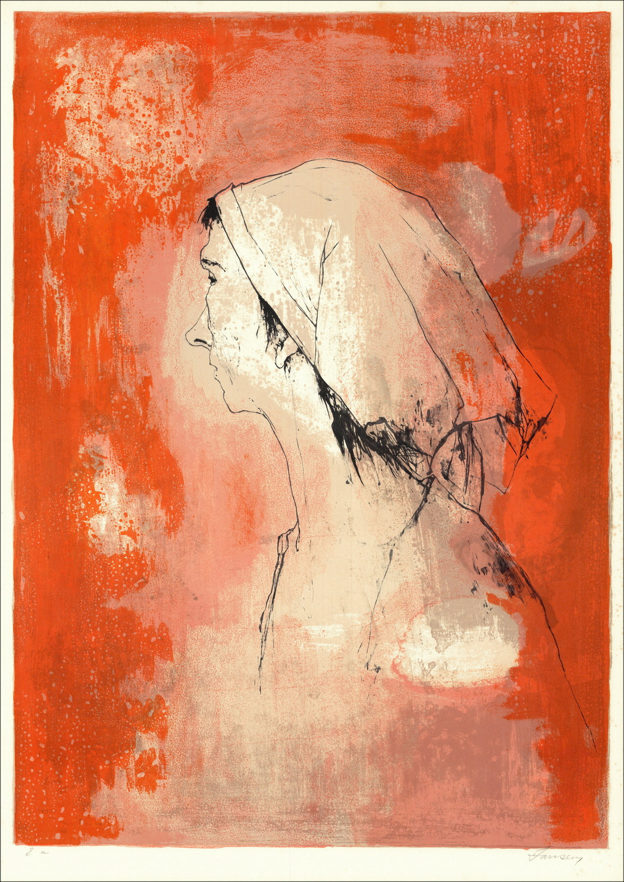 Jean Jansem, Donna di profilo rosso (1975) | Litografia originale