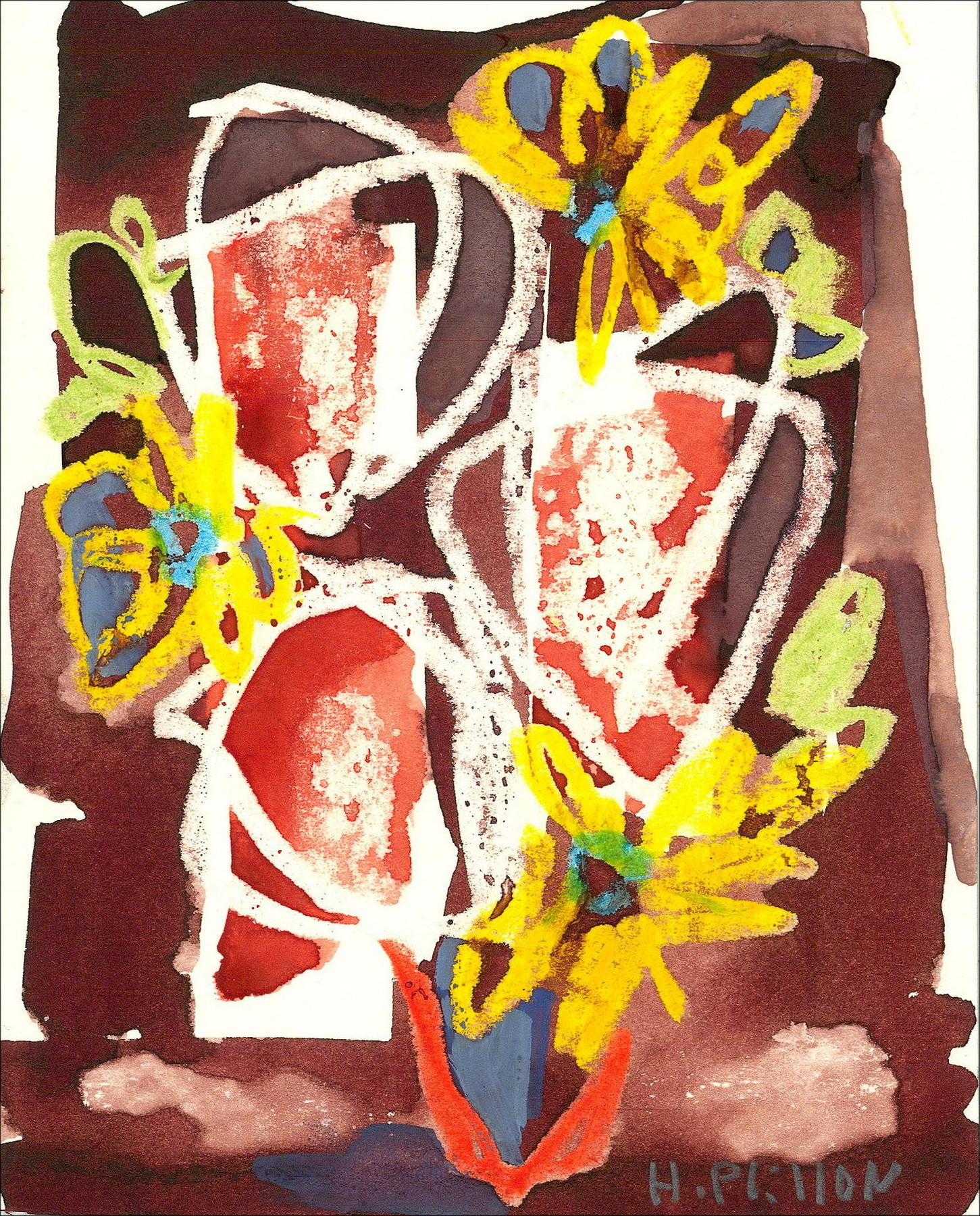 Henri Plisson Composizione floreale, acquerello originale