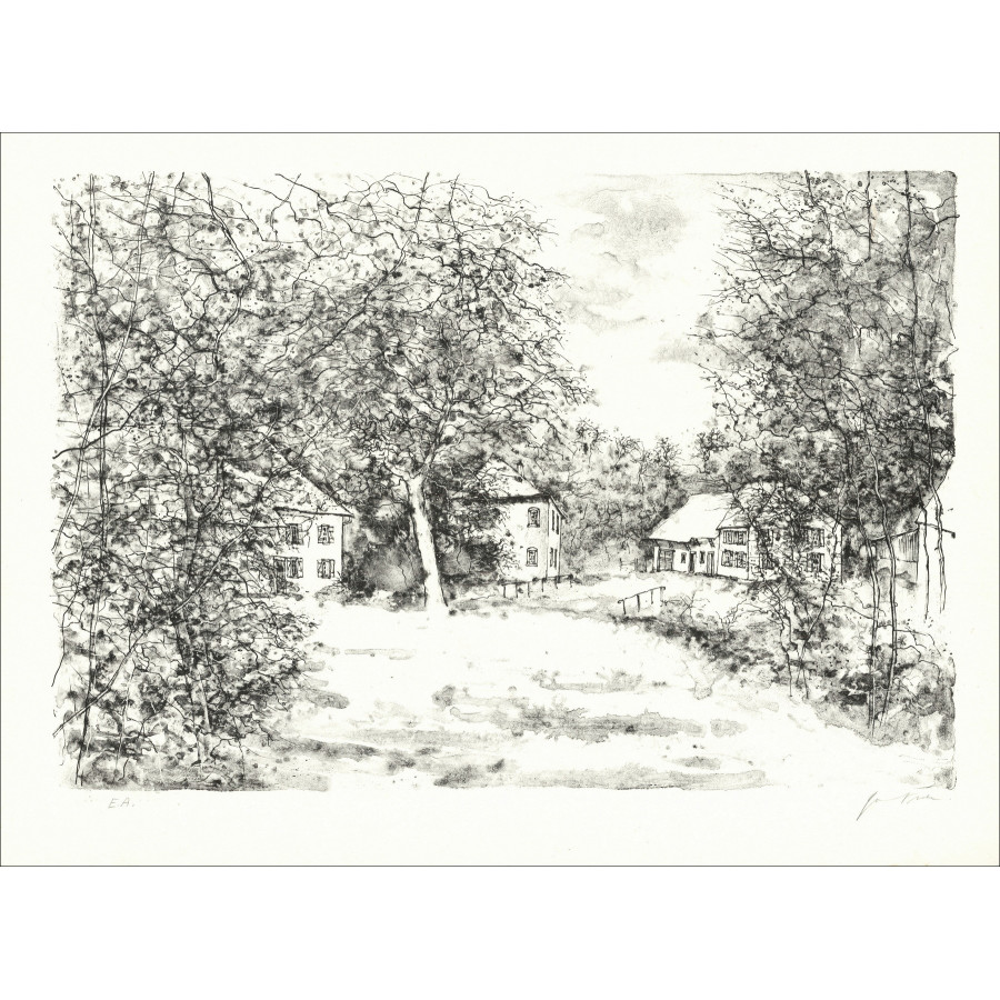 Bernard Gantner, casas forestales, litografía EA firmada.