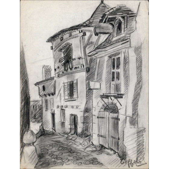 TOFFOLI Louis - Dibujo original "Calle del pueblo - 1" 35x26cm