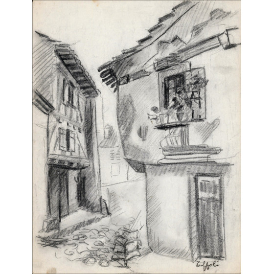 Louis Toffoli - original signed drawing - Village street 3