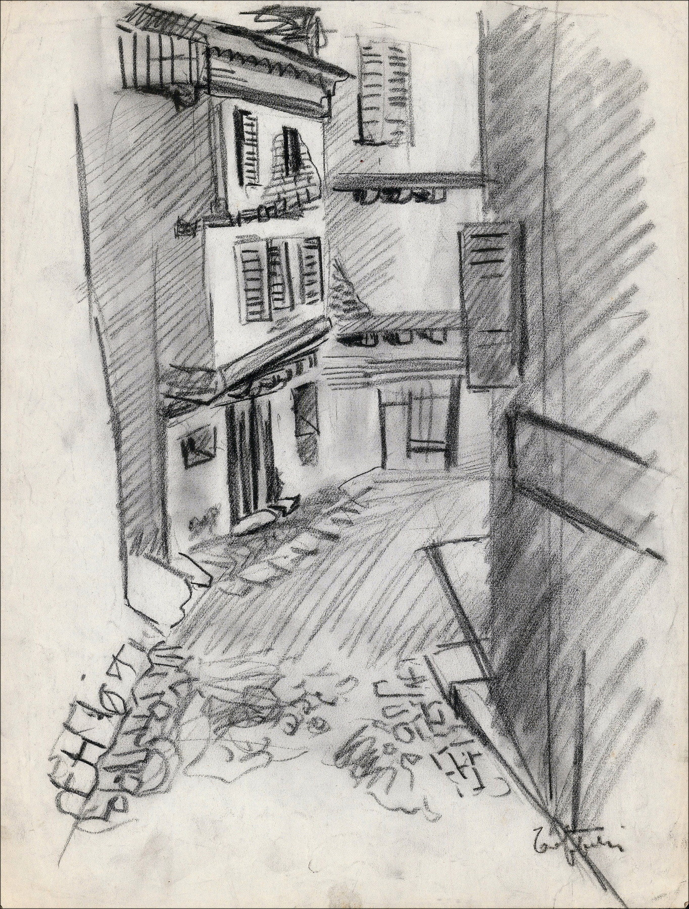 Louis Toffoli - Dorpsstraat 4, originele tekening op papier