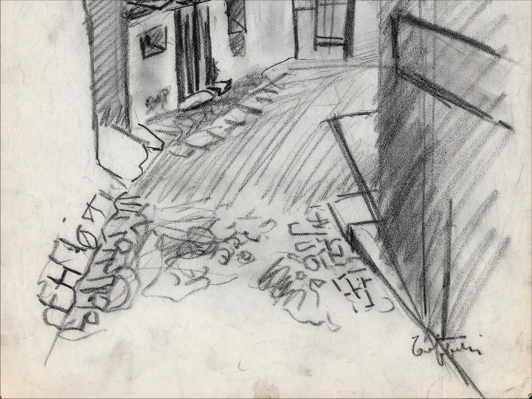 Louis Toffoli - Village Street 4, original drawing on paper