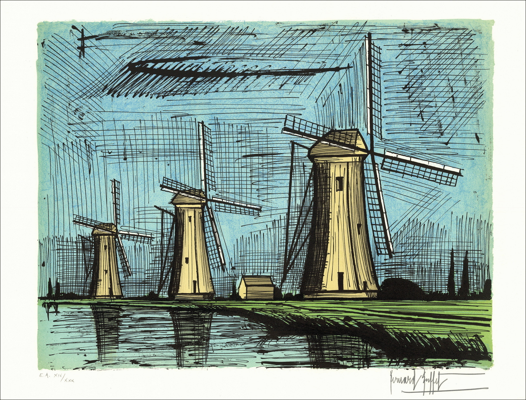 Bernard Buffet - Los Tres Molinos, litografía 1986