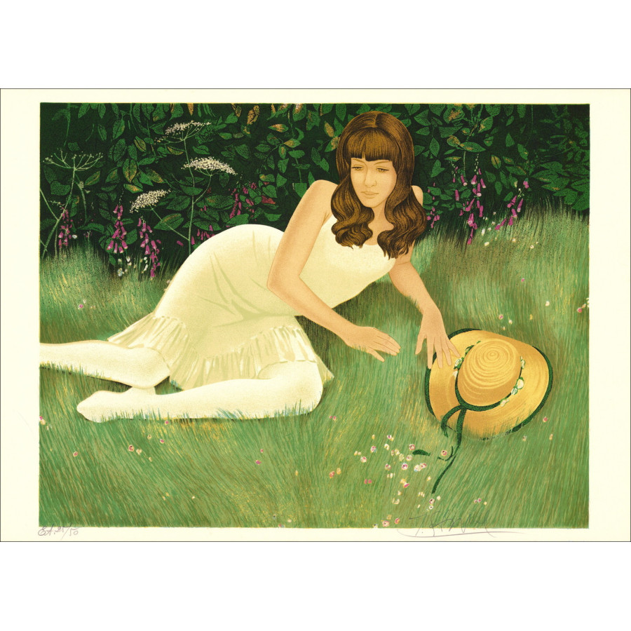 Yves Ganne - Elegante lithografie in het park, ondertekend